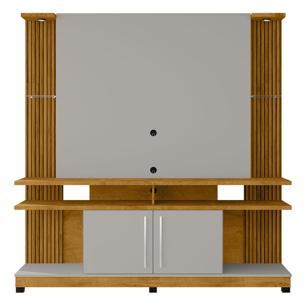 Rack com Painel para TV até 55 Polegadas com Vidros 2 LEDS e 2 Portas Multimóveis CR45278 Naturalle/Off White/Ripado