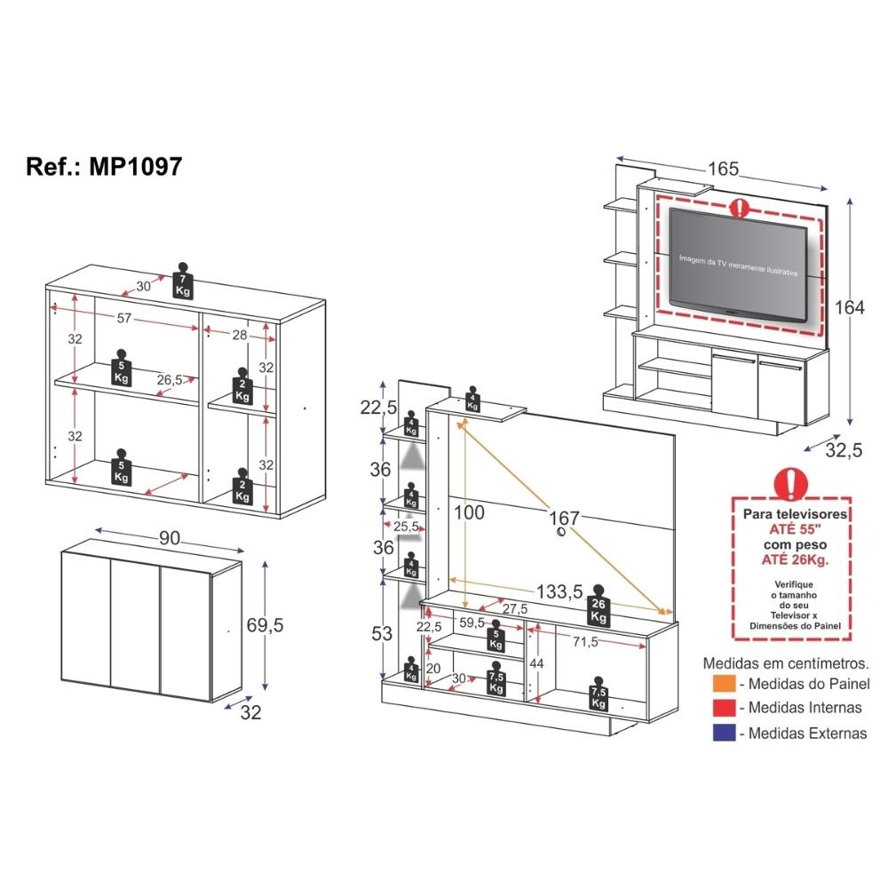 Rack com Painel para TV até 55 Polegadas e Aparador 3 Portas Multimóveis MP1097 Branco/Lacca Fumê