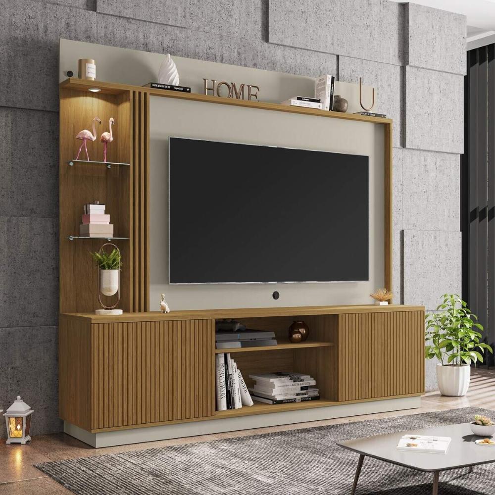 Rack com Painel para TV até 65 Polegadas com LED Vidros e 2 Portas Multimóveis CR45275 Cinamomo/Off White/Ripado