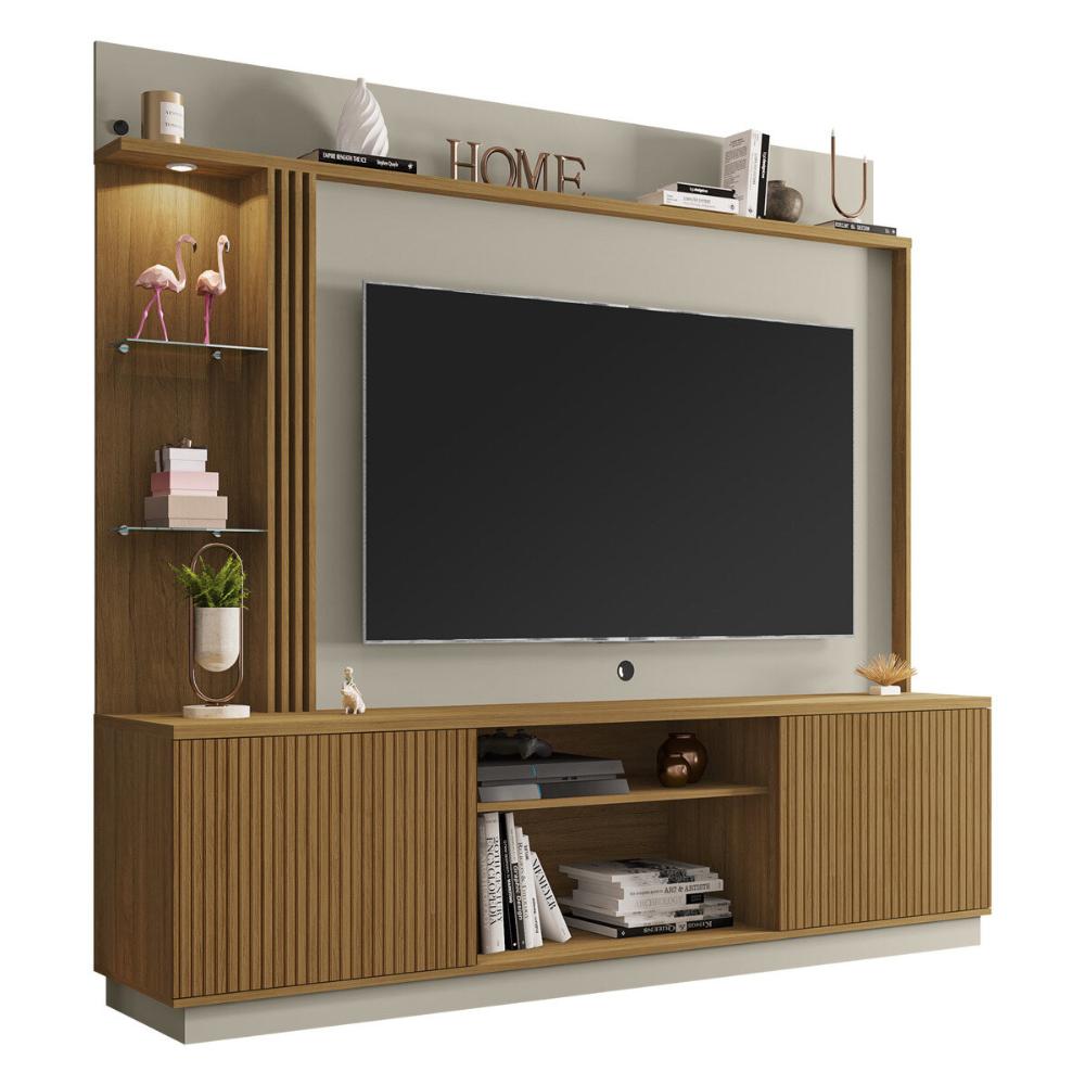 Rack com Painel para TV até 65 Polegadas com LED Vidros e 2 Portas Multimóveis CR45275 Cinamomo/Off White/Ripado