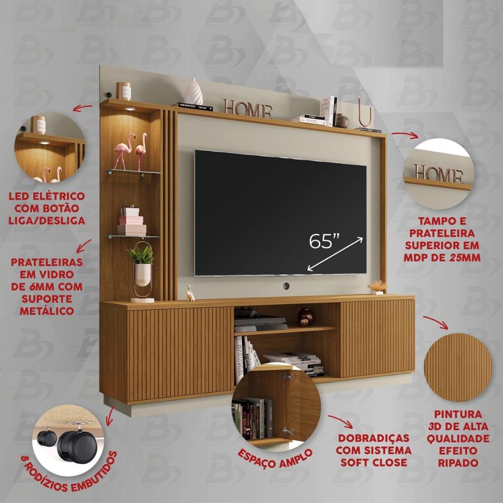Rack com Painel para TV até 65 Polegadas com LED Vidros e 2 Portas Multimóveis CR45275 Cinamomo/Off White/Ripado