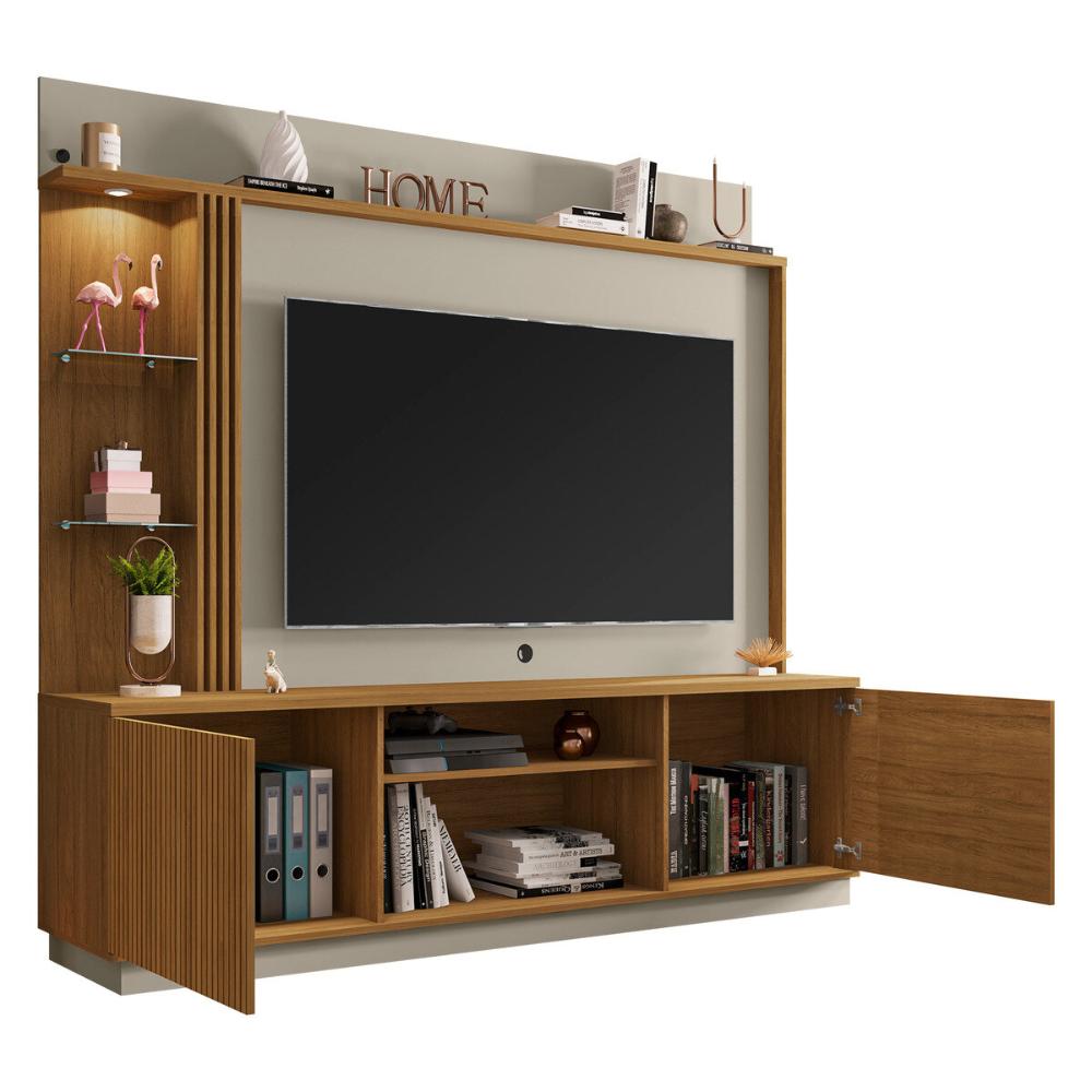 Rack com Painel para TV até 65 Polegadas com LED Vidros e 2 Portas Multimóveis CR45275 Cinamomo/Off White/Ripado