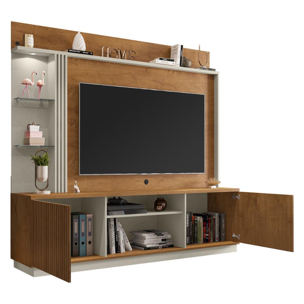 Rack com Painel para TV até 65 Polegadas com LED Vidros e 2 Portas Multimóveis CR45275 Naturalle/Off White/Ripado