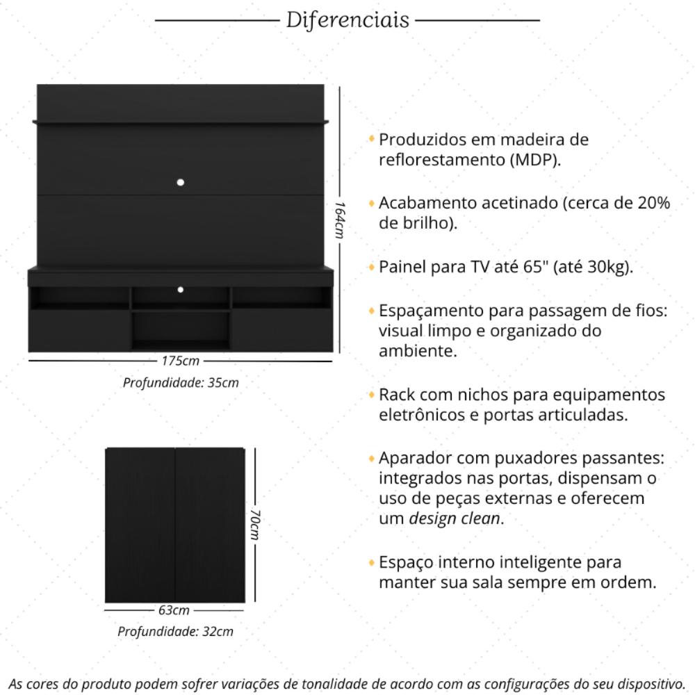 Rack com Painel para TV até 65 Polegadas e Aparador 2 Portas Multimóveis MP1094 Preto