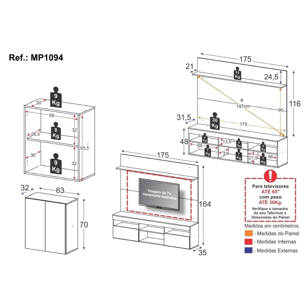 Rack com Painel para TV até 65 Polegadas e Aparador 2 Portas Multimóveis MP1094 Preto