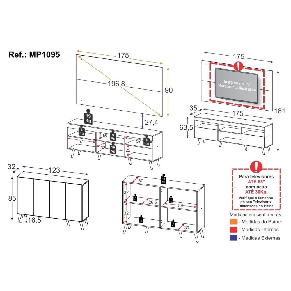 Rack com Painel para TV até 65 Polegadas e Aparador 4 Portas Retrô Multimóveis MP1095 Branco