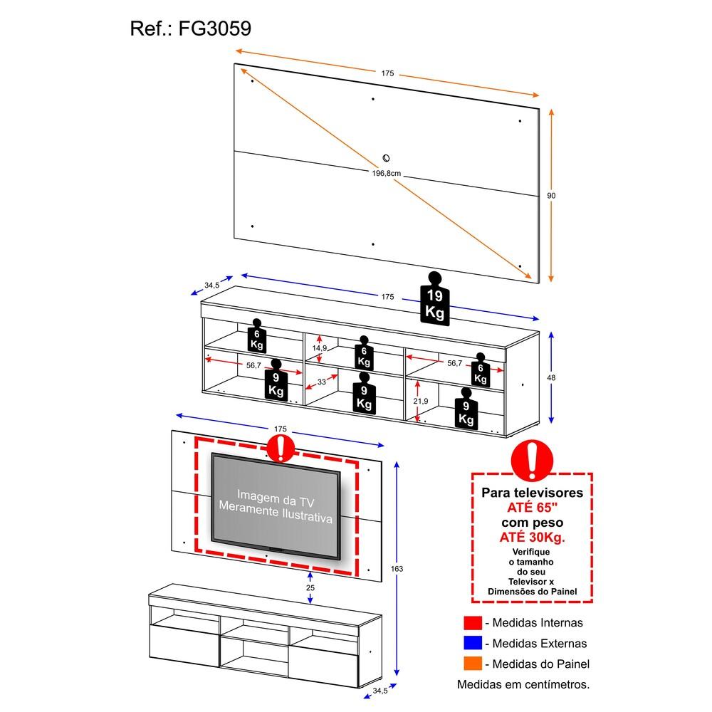Rack com Painel para TV até 65" Multimóveis Flórida FG3059 Branco