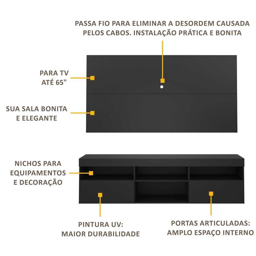 Rack com Painel para TV até 65" Multimóveis Flórida FG3059 Preto