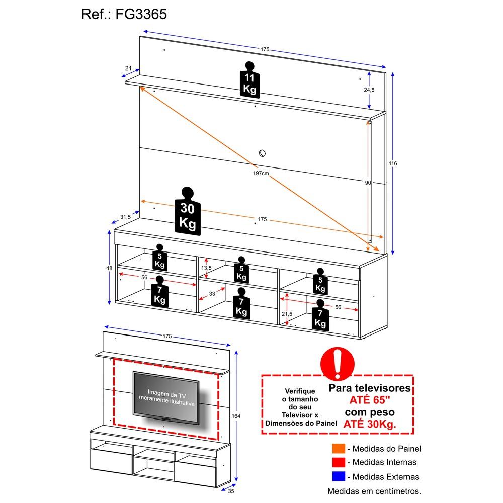 Rack com Painel para TV até 65" Multimóveis Madri FG3365 Rustic/Branco