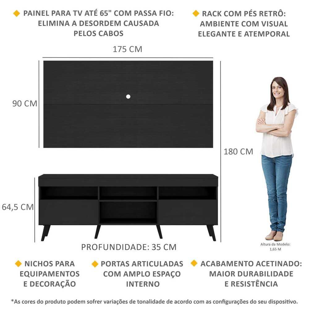 Rack com Painel para TV até 65" Pés Retrô com 2 Portas Londres Multimóveis Preto