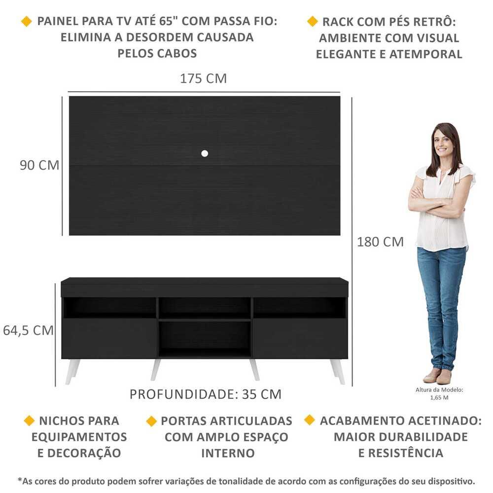 Rack com Painel para TV até 65" Pés Retrô com 2 Portas Londres Multimóveis Preto/Branco