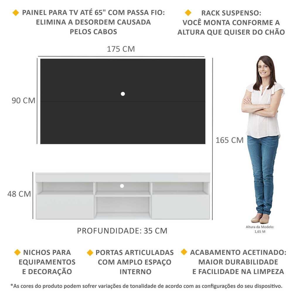 Rack com Painel para TV até 65" Suspenso com 2 Portas Londres Multimóveis Branco/Preto