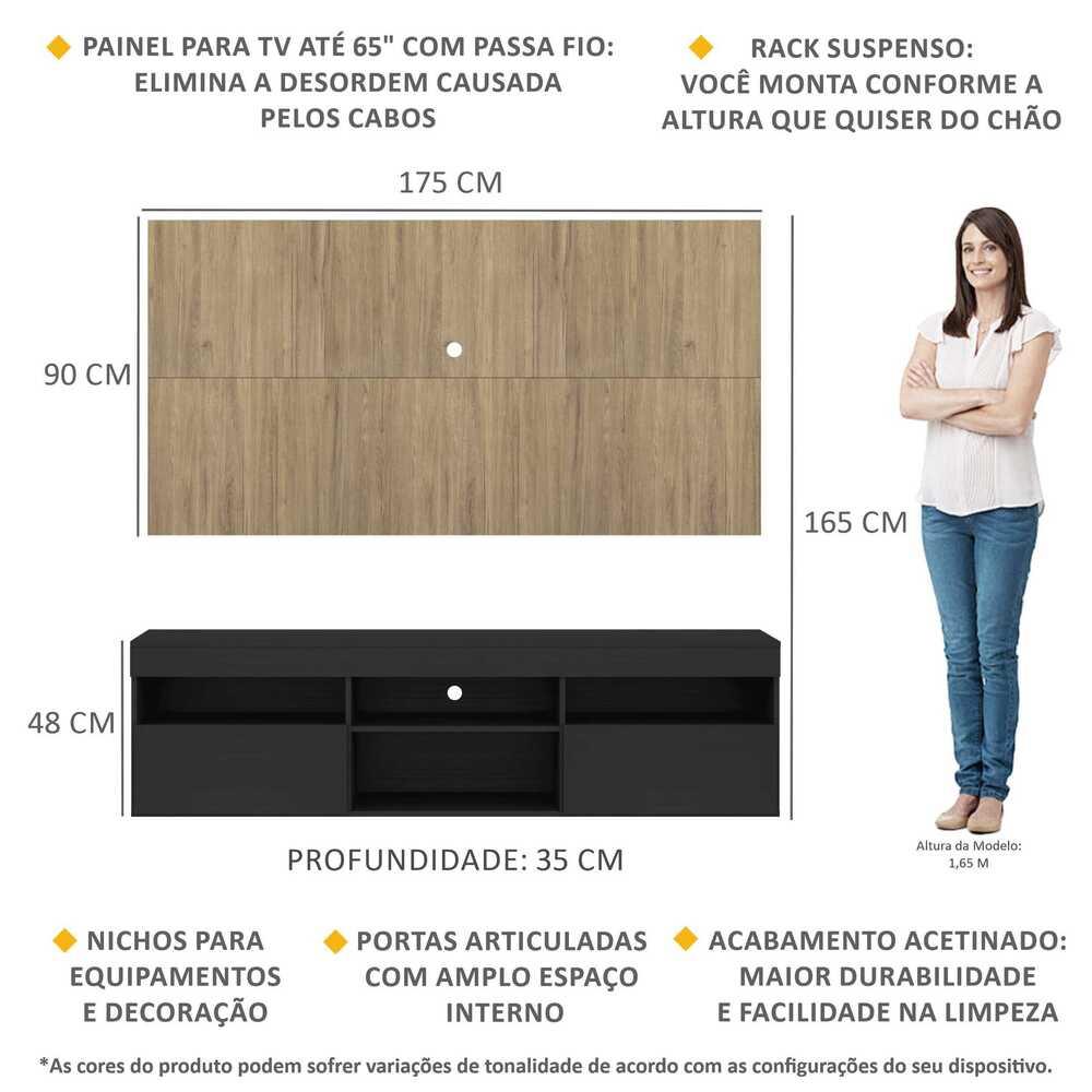 Rack com Painel para TV até 65" Suspenso com 2 Portas Londres Multimóveis Preto/Rustic