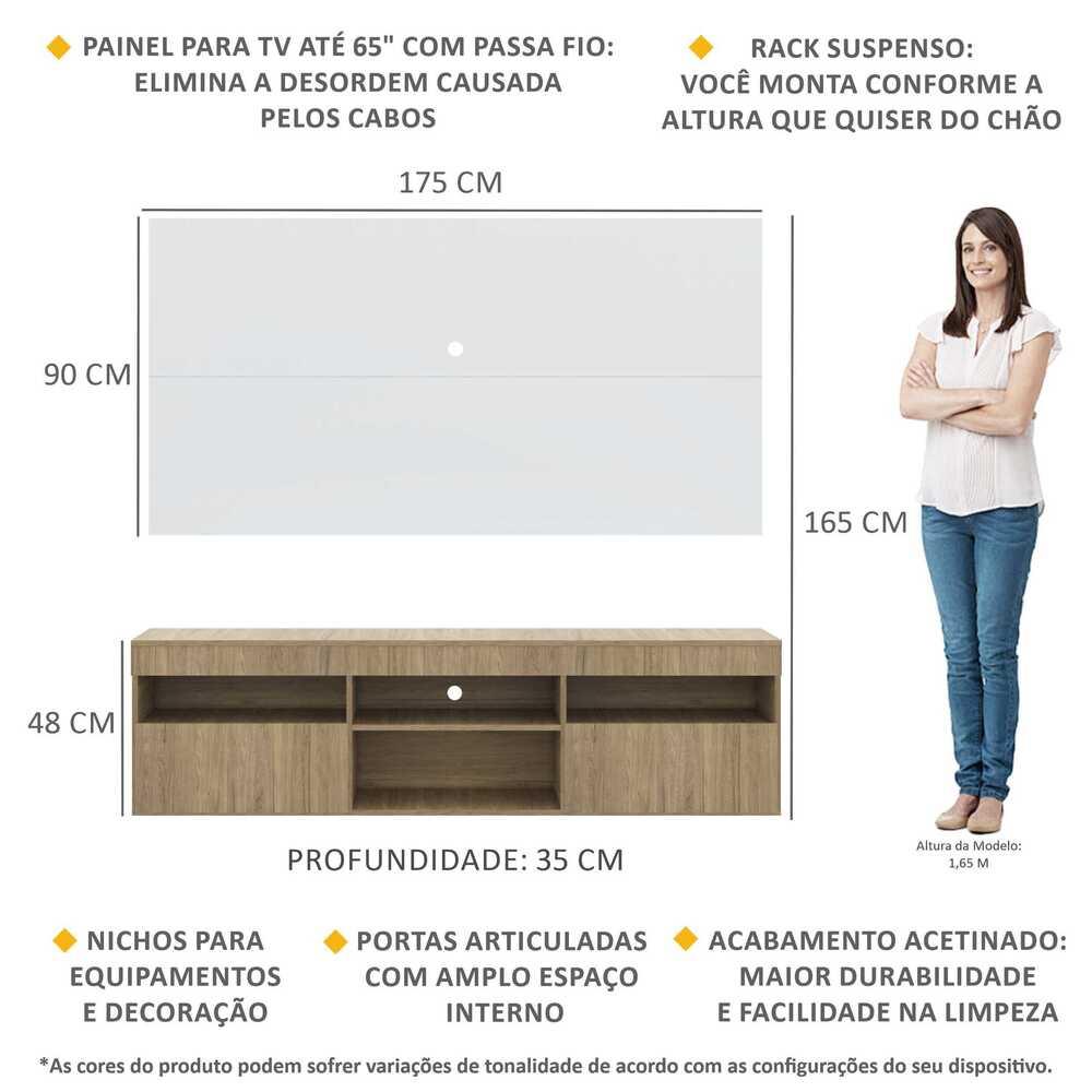 Rack com Painel para TV até 65" Suspenso com 2 Portas Londres Multimóveis Rustic/Branco