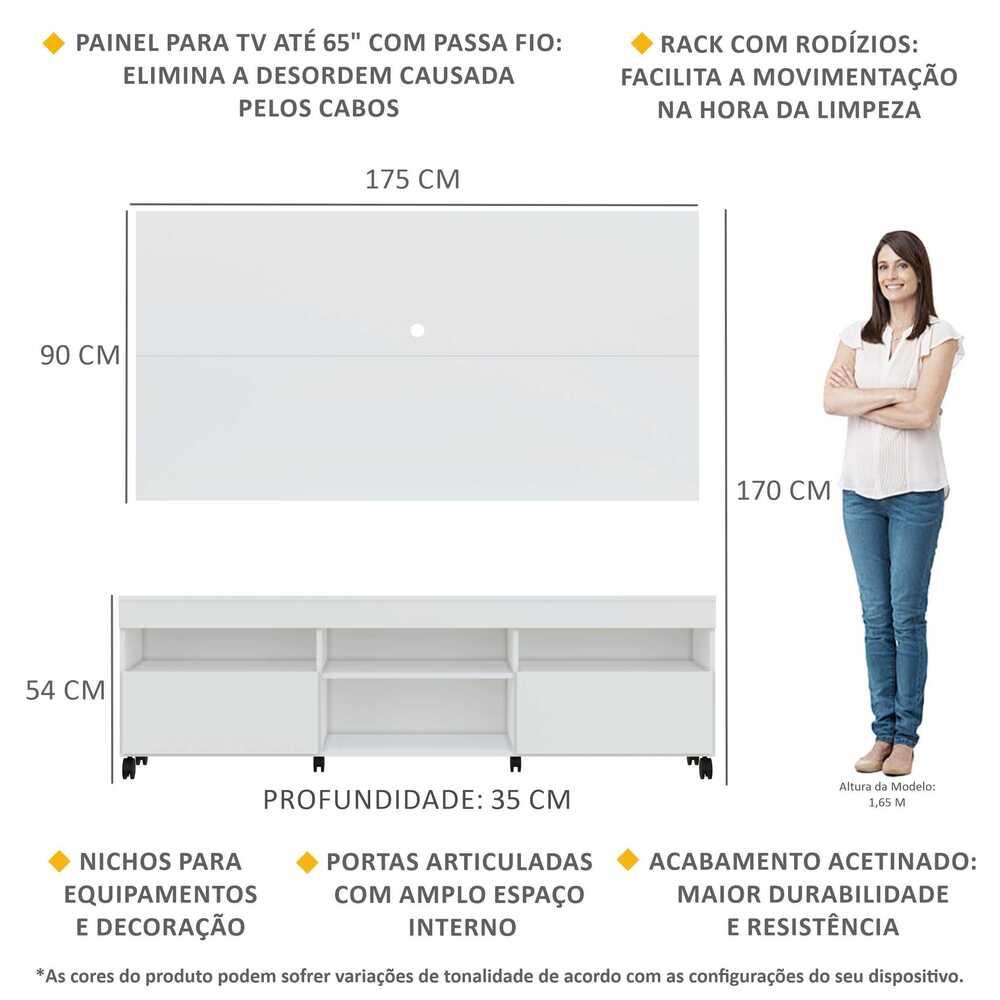 Rack com Painel para TV até 65" com Rodízios e 2 portas Londres Multimóveis Branco