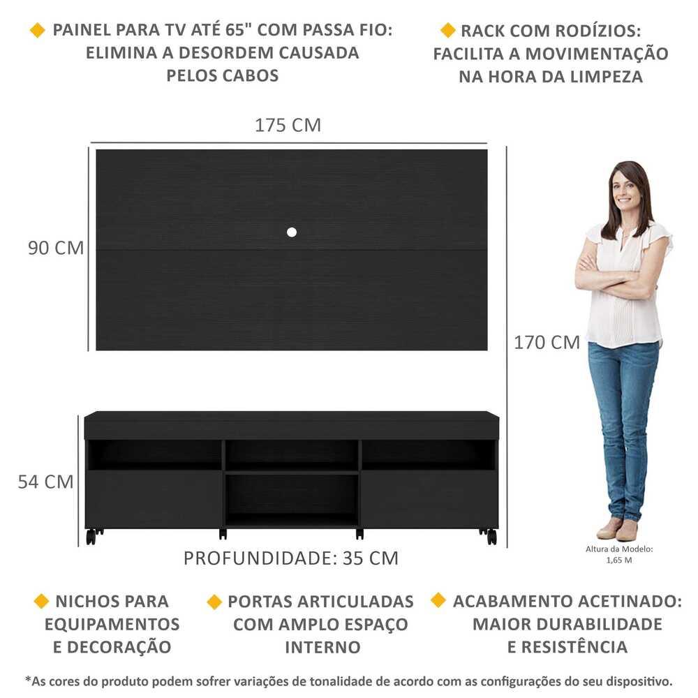 Rack com Painel para TV até 65" com Rodízios e 2 portas Londres Multimóveis Preto