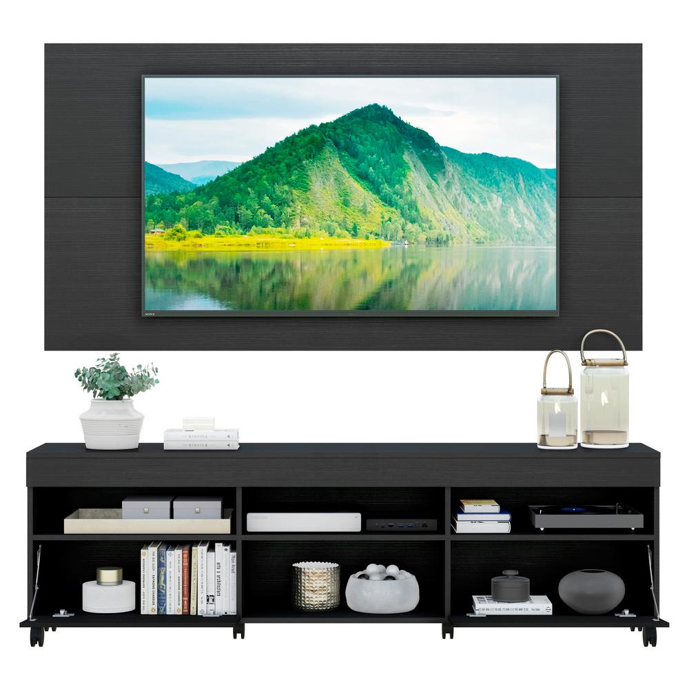 Rack com Painel para TV até 65" com Rodízios e 2 portas Londres Multimóveis Preto
