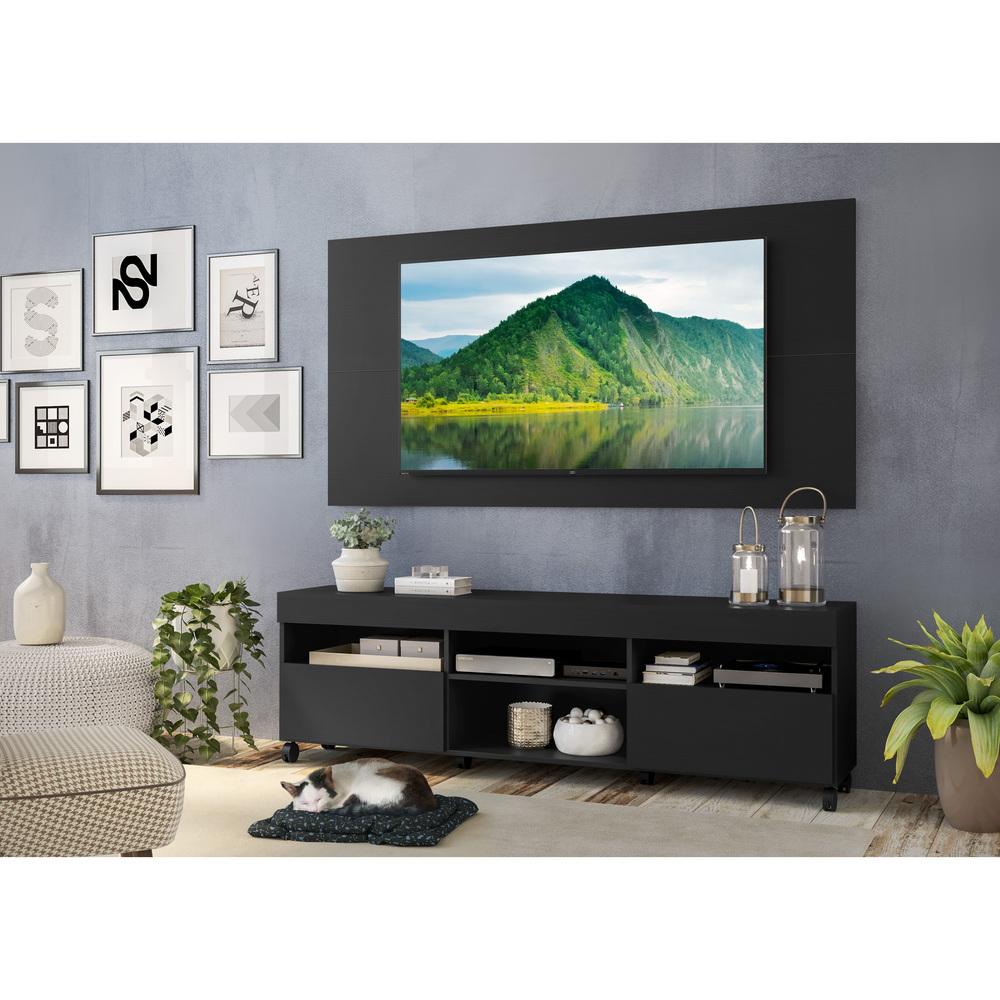 Rack com Painel para TV até 65" com Rodízios e 2 portas Londres Multimóveis Preto