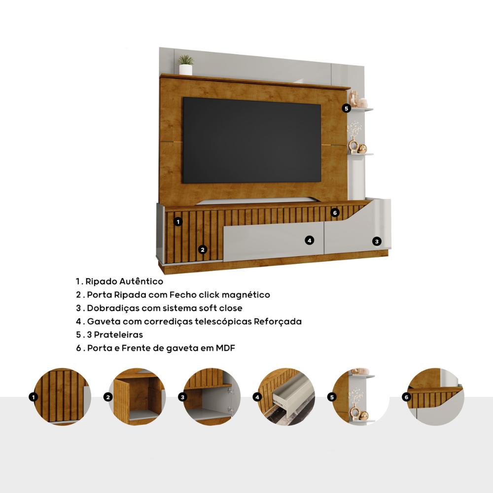 Rack com Painel para TV até 75 Polegadas com 2 Portas e 1 Gaveta Multimóveis CR45276 Naturalle/Off White