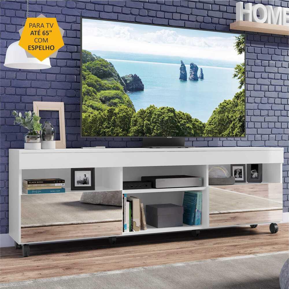 Rack com Rodízios e Espelho para TV até 65" Multimóveis Paris FG3330 com 2 Portas Branco