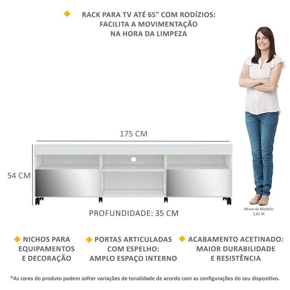 Rack com Rodízios e Espelho para TV até 65" Multimóveis Paris FG3330 com 2 Portas Branco