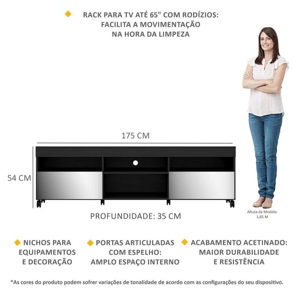 Rack com Rodízios e Espelho para TV até 65" Multimóveis Paris FG3330 com 2 Portas Preto