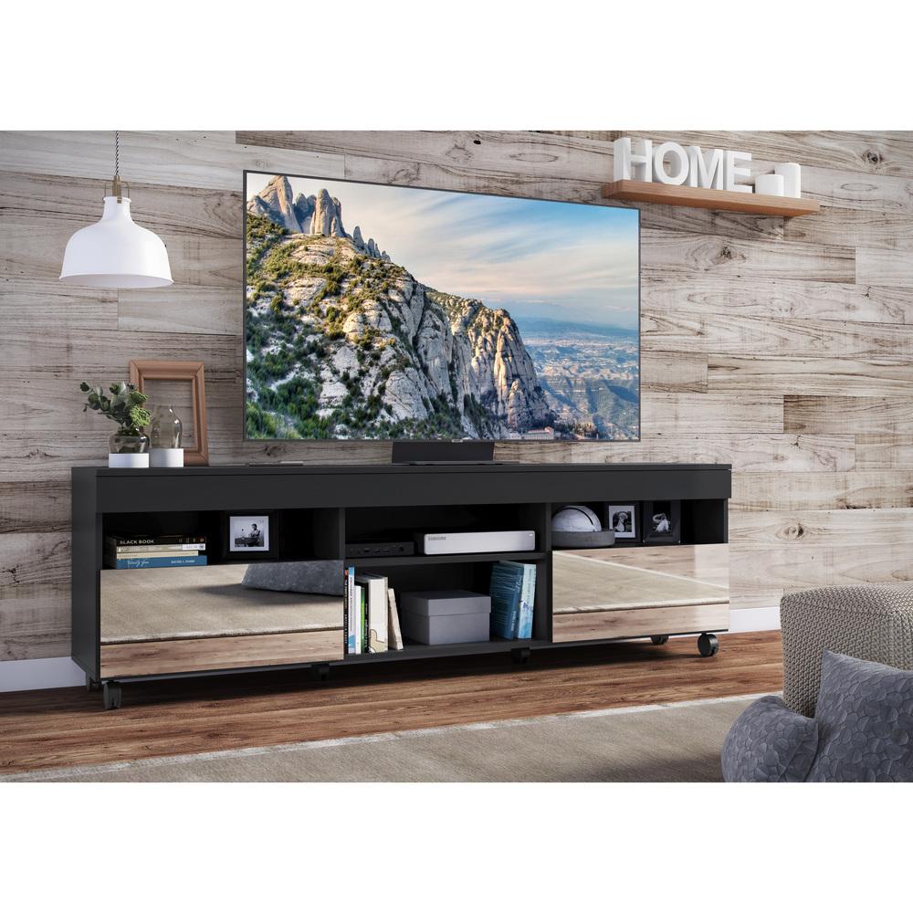 Rack com Rodízios e Espelho para TV até 65" Multimóveis Paris FG3330 com 2 Portas Preto