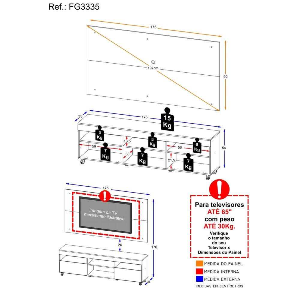 Rack com Rodízios e Painel para TV até 65" Multimóveis Londres FG3335 Branco