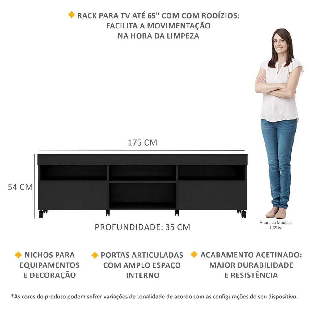 Rack com Rodízios para TV até 65" Multimóveis Paris FG3325 com 2 Portas Preto