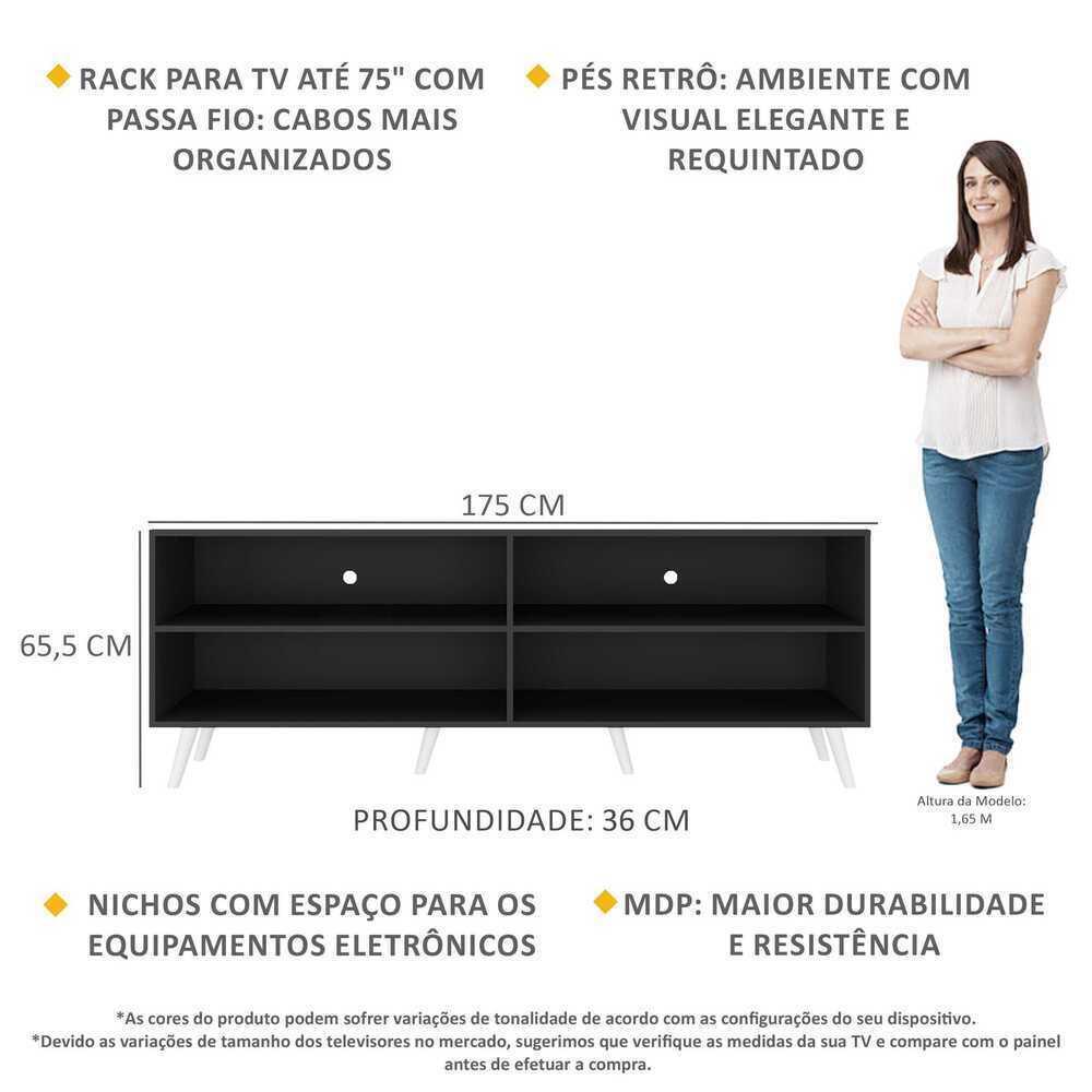 Rack para TV 75" Retrô Jazz Multimóveis MP1017 Preto/Branco