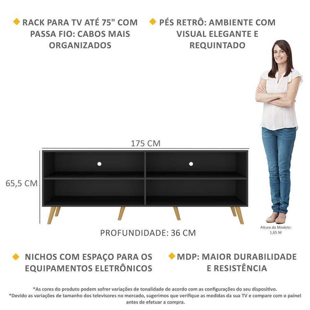 Rack para TV 75" Retrô Jazz Multimóveis MP1017 Preto/Natural