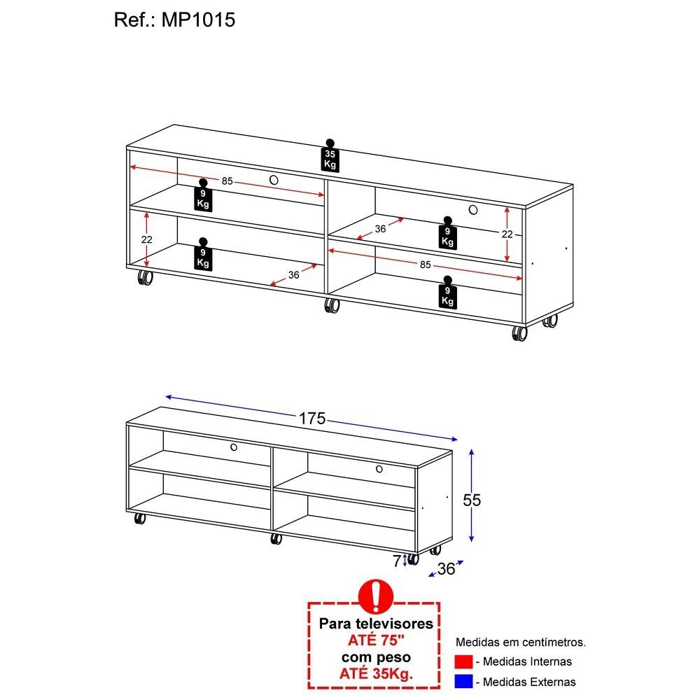 Rack para TV 75" com Rodízios Jazz Multimóveis MP1015 Preto