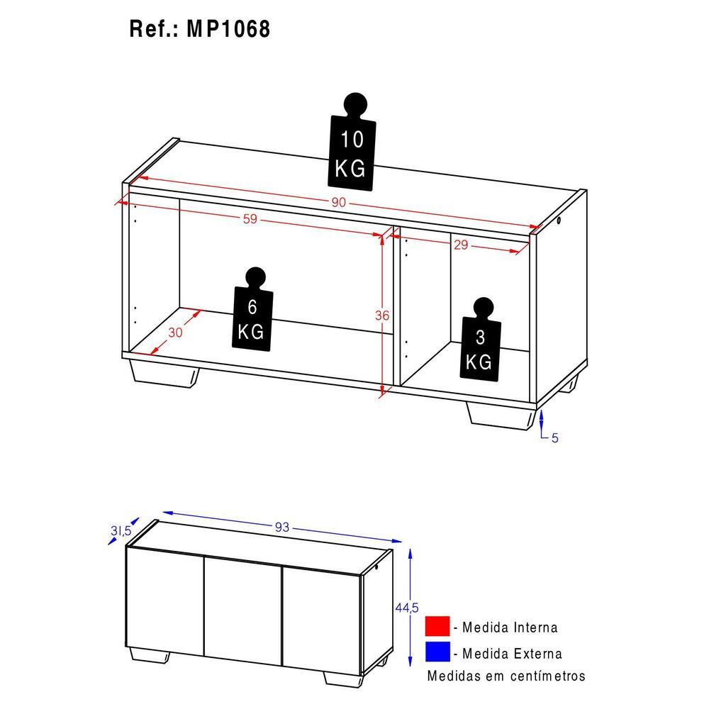 Rack para TV até 32 Polegadas com 3 Portas Multimóveis MP1068 Preto/Branco
