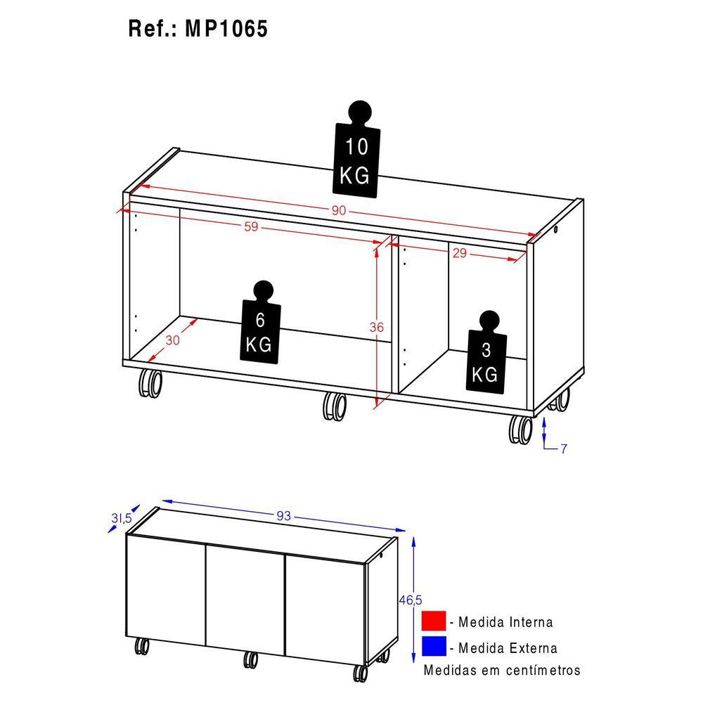 Rack para TV até 32 Polegadas com 3 Portas e Rodízios Multimóveis MP1065 Grafite