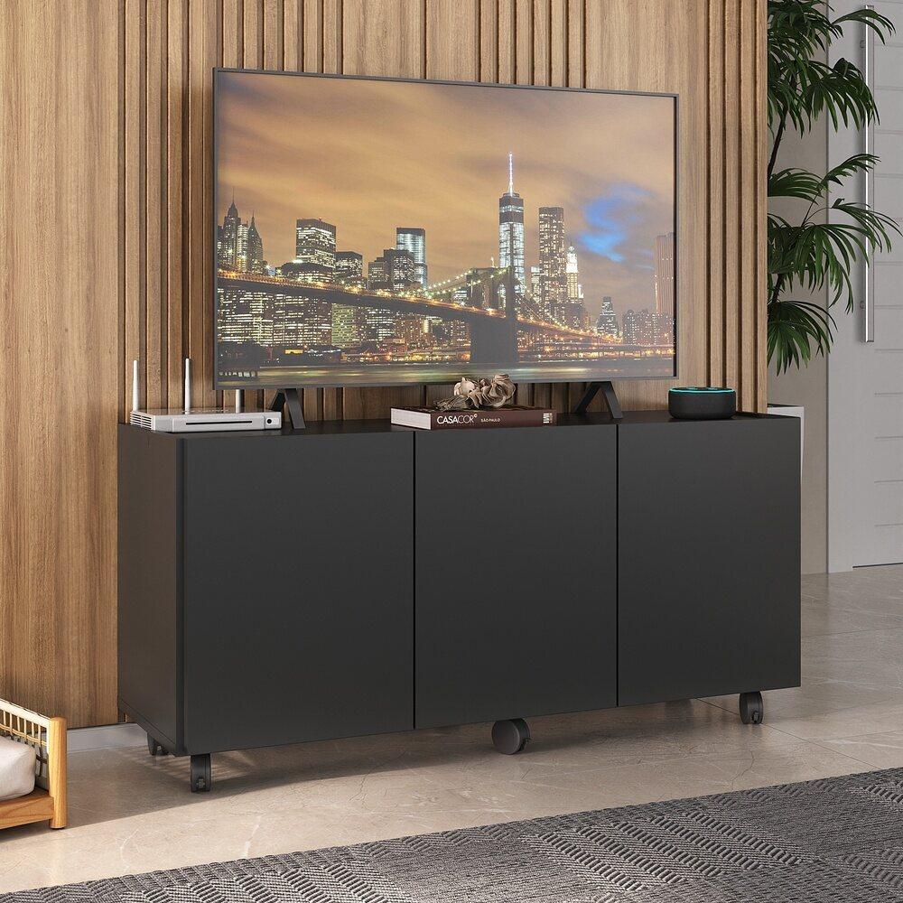 Rack para TV até 32 Polegadas com 3 Portas e Rodízios Multimóveis MP1065 Preto
