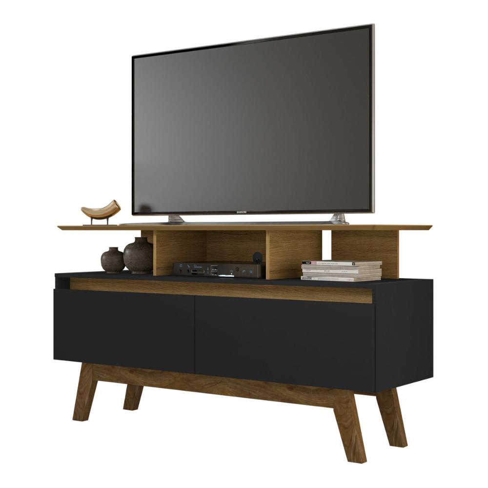 Rack para TV até 50 Polegadas com Nicho e 2 Portas Retrô Multimóveis CR45294 Cinamomo/Preto Fosco