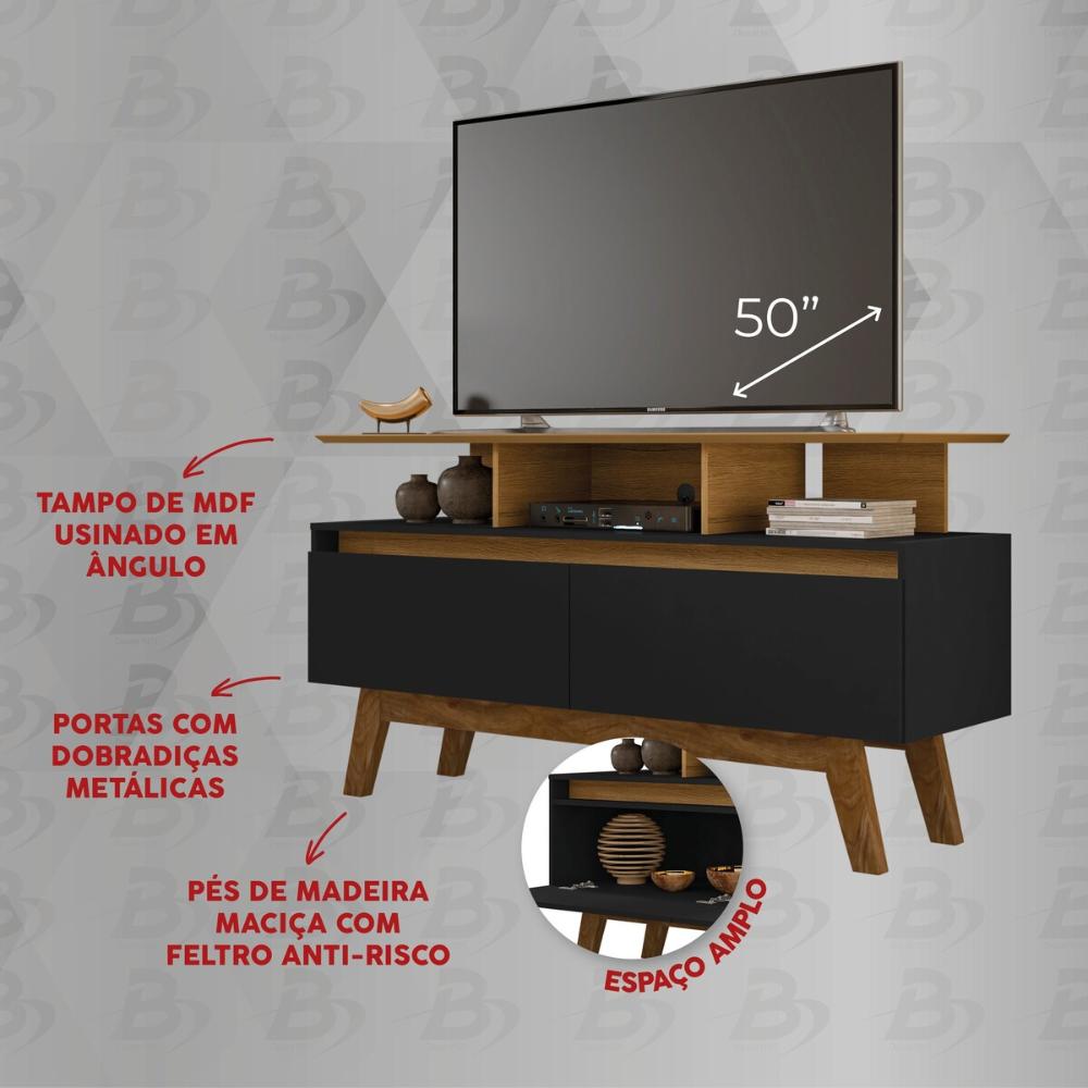 Rack para TV até 50 Polegadas com Nicho e 2 Portas Retrô Multimóveis CR45294 Cinamomo/Preto Fosco