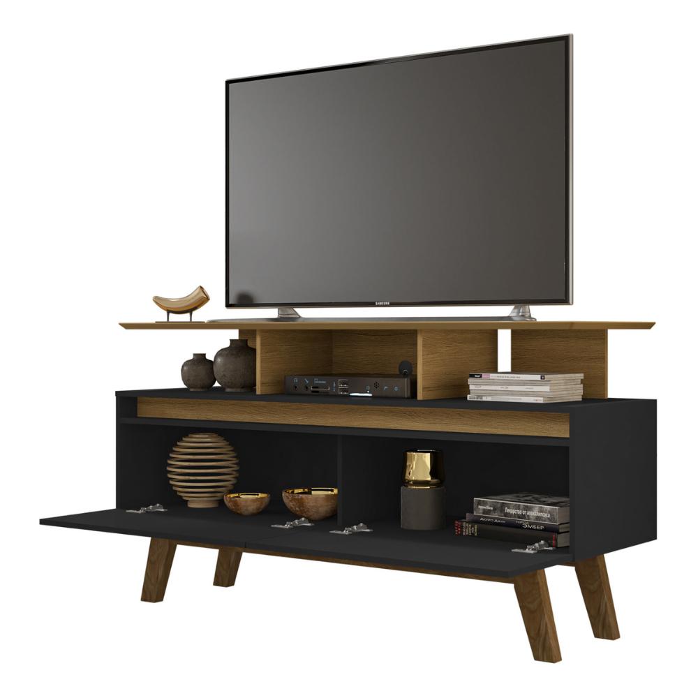 Rack para TV até 50 Polegadas com Nicho e 2 Portas Retrô Multimóveis CR45294 Cinamomo/Preto Fosco