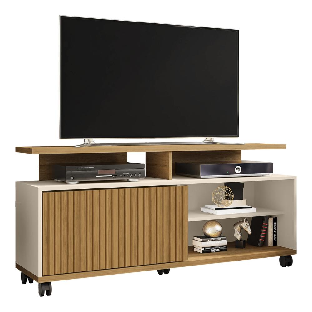 Rack para TV até 55 Polegadas com Nichos 1 Porta e Rodízios Multimóveis CR45295 Cinamomo/Off White/Ripado