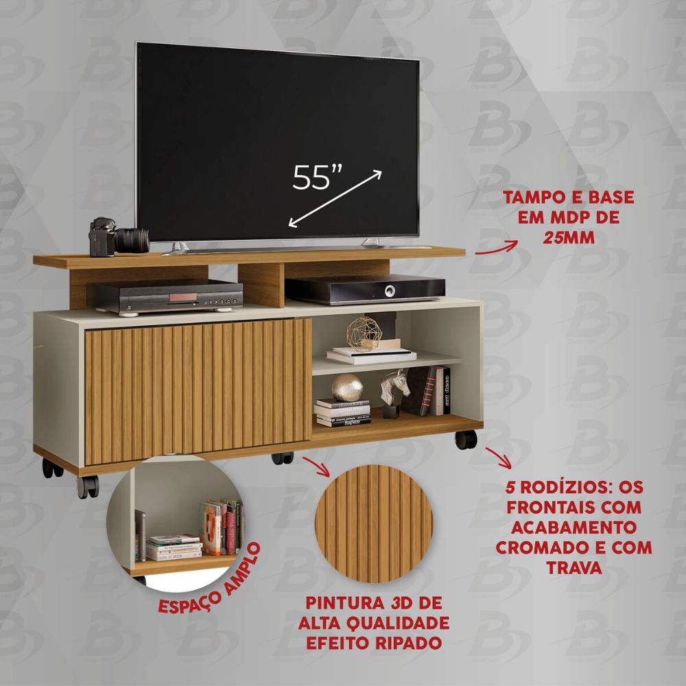 Rack para TV até 55 Polegadas com Nichos 1 Porta e Rodízios Multimóveis CR45295 Cinamomo/Off White/Ripado