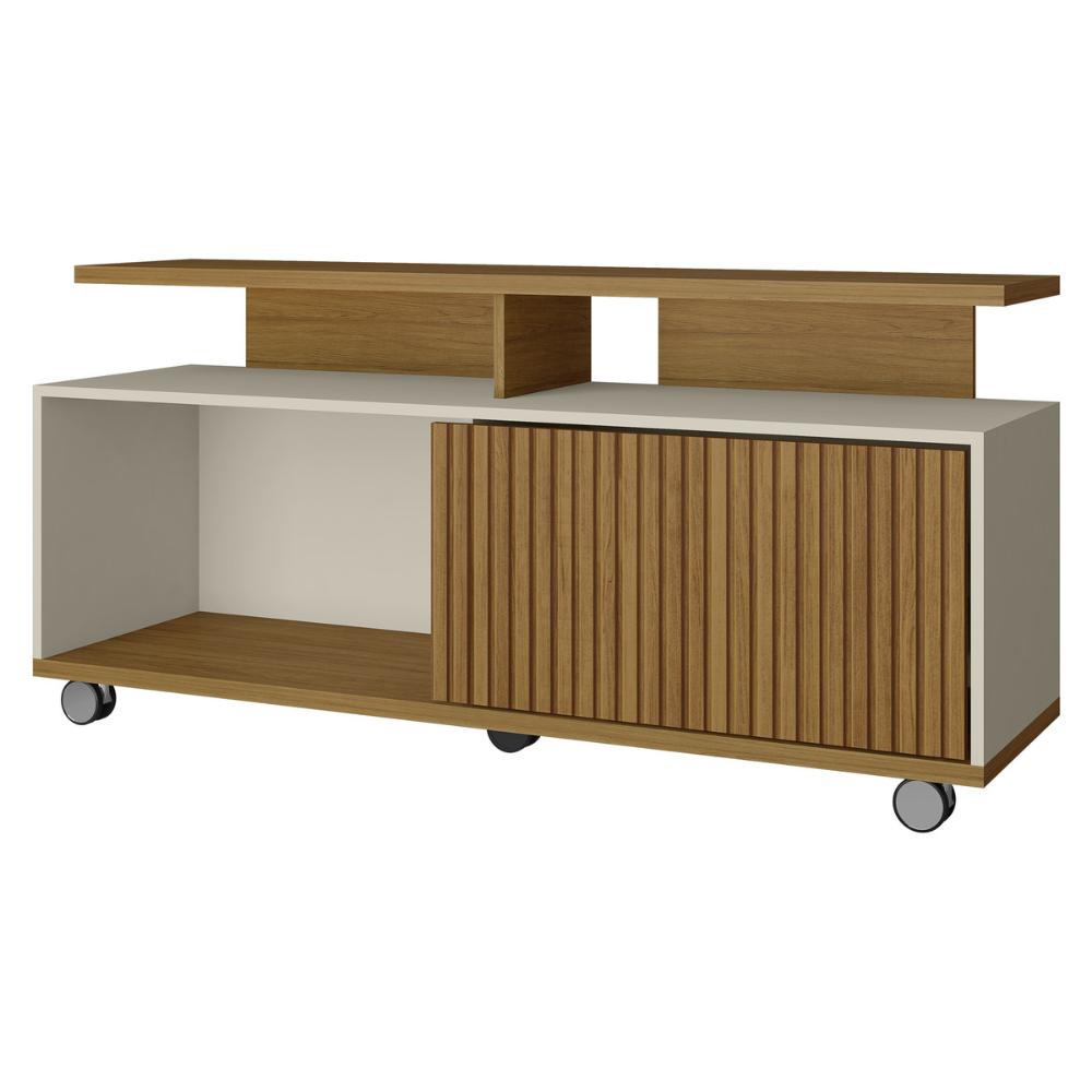 Rack para TV até 55 Polegadas com Nichos 1 Porta e Rodízios Multimóveis CR45295 Cinamomo/Off White/Ripado