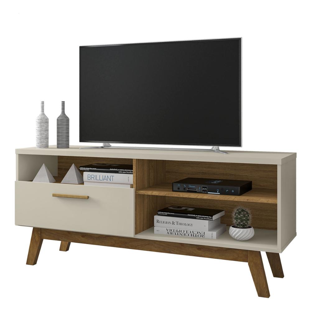 Rack para TV até 55 Polegadas com Nichos e 1 Porta Retrô Multimóveis CR45293 Off White/Cinamomo