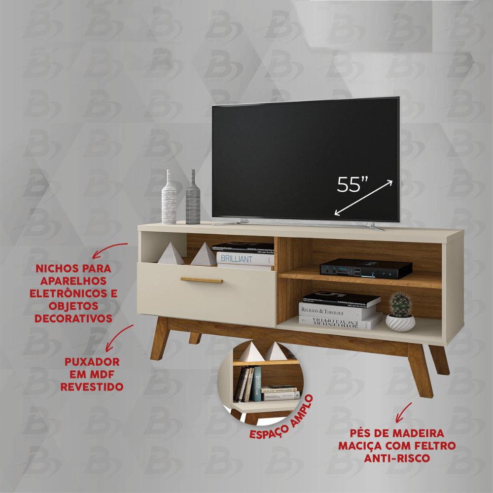 Rack para TV até 55 Polegadas com Nichos e 1 Porta Retrô Multimóveis CR45293 Off White/Cinamomo