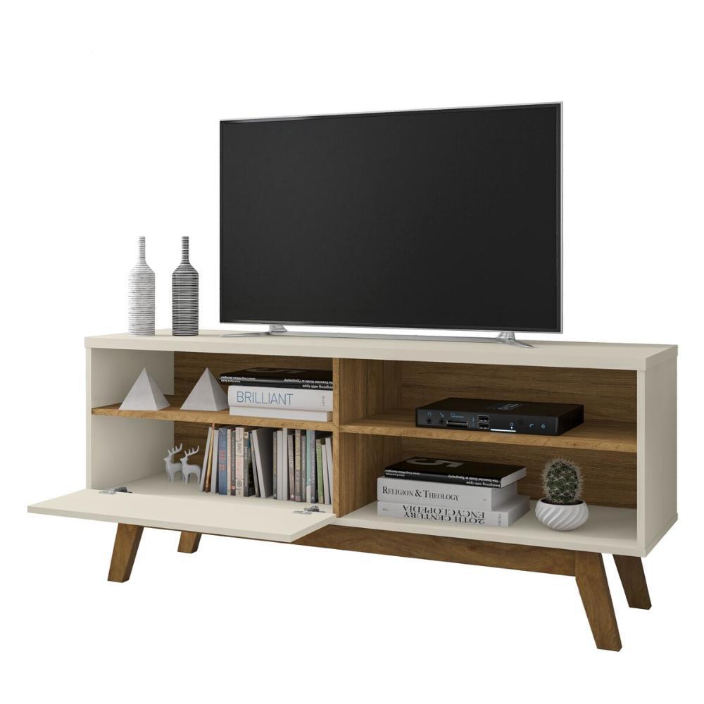 Rack para TV até 55 Polegadas com Nichos e 1 Porta Retrô Multimóveis CR45293 Off White/Cinamomo