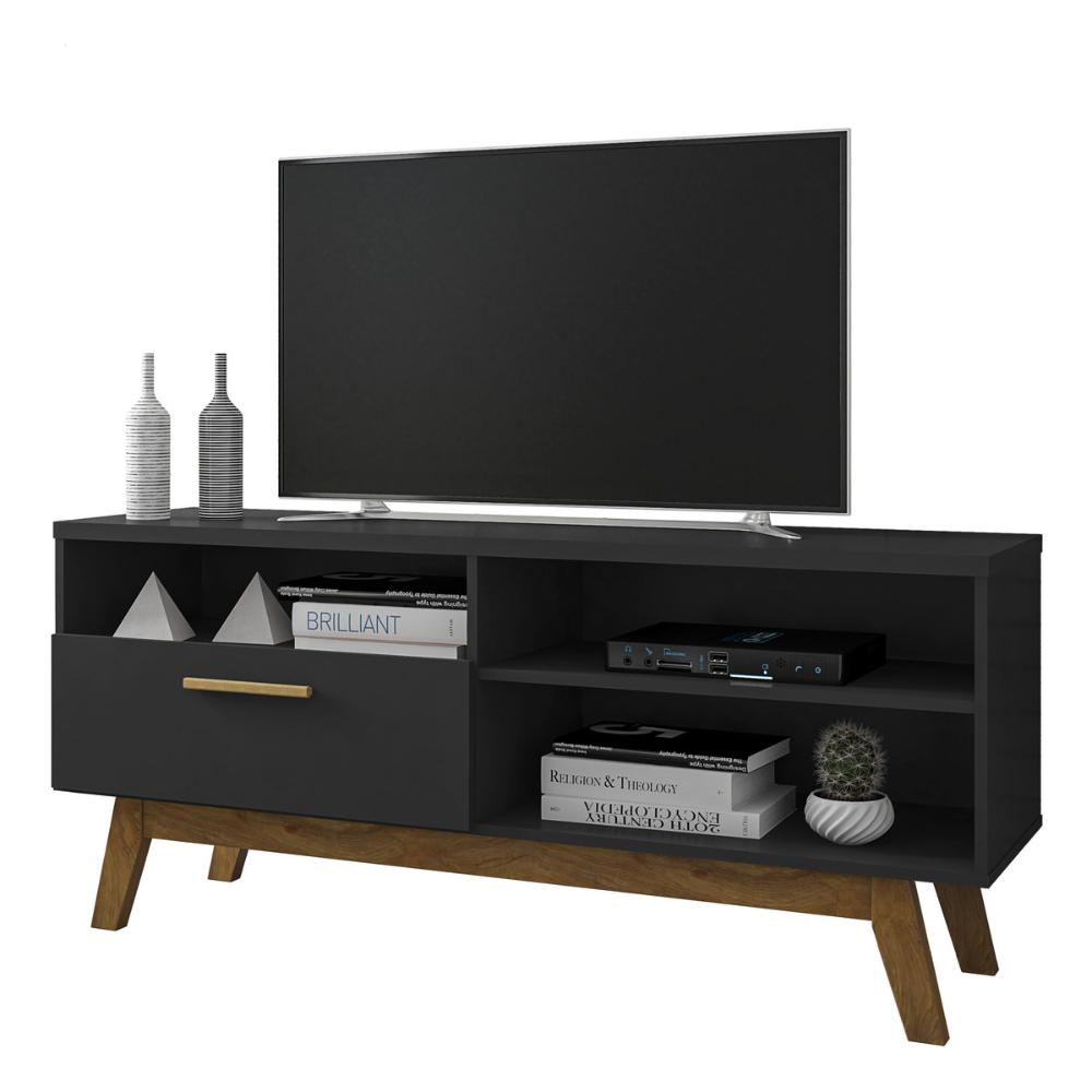 Rack para TV até 55 Polegadas com Nichos e 1 Porta Retrô Multimóveis CR45293 Preto Fosco
