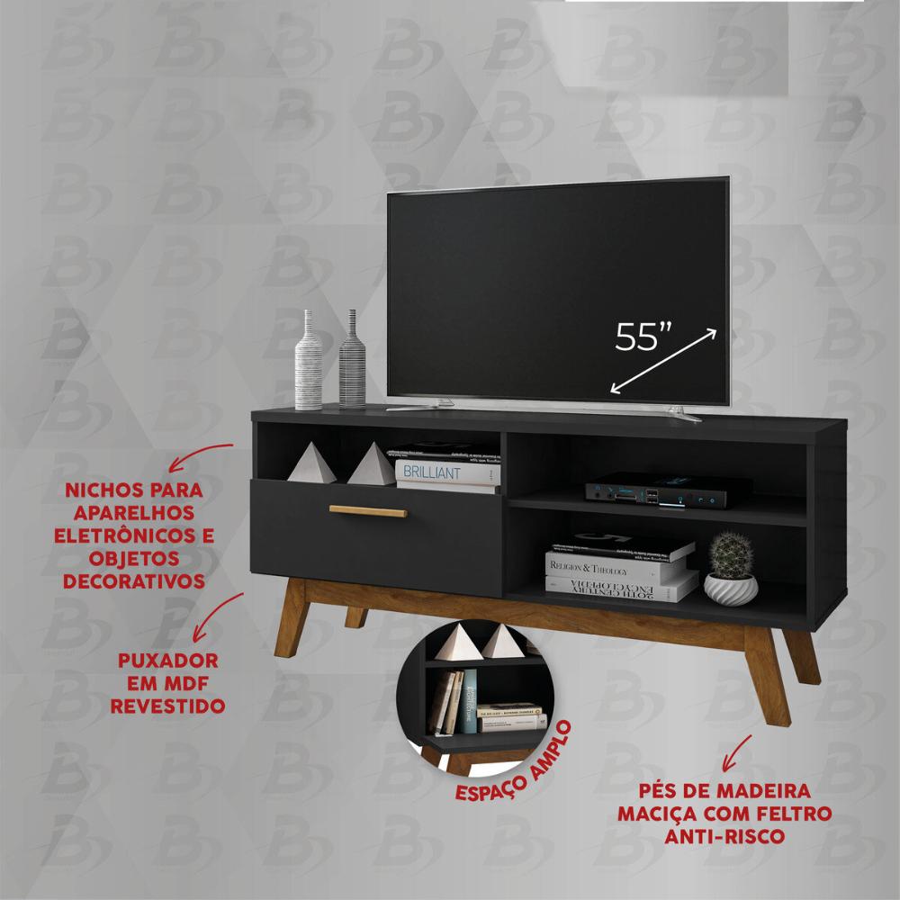 Rack para TV até 55 Polegadas com Nichos e 1 Porta Retrô Multimóveis CR45293 Preto Fosco