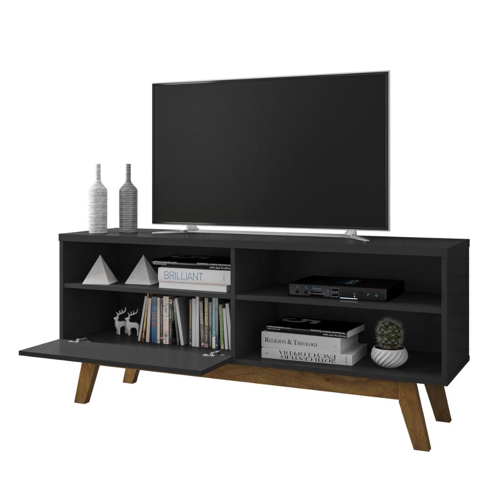 Rack para TV até 55 Polegadas com Nichos e 1 Porta Retrô Multimóveis CR45293 Preto Fosco