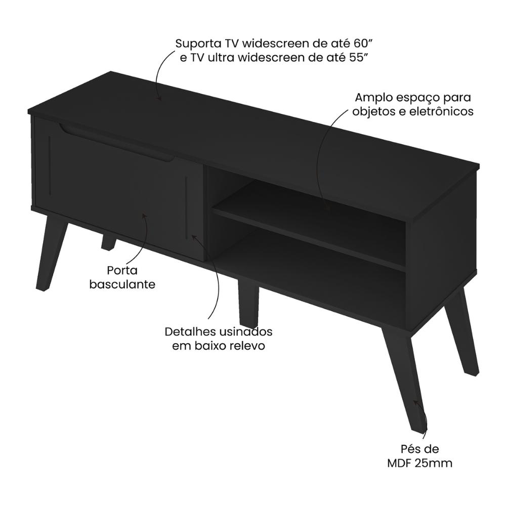 Rack para TV até 60 Polegadas 134cm com Pés Retrô 1 Porta Multimóveis CR45323 Preto