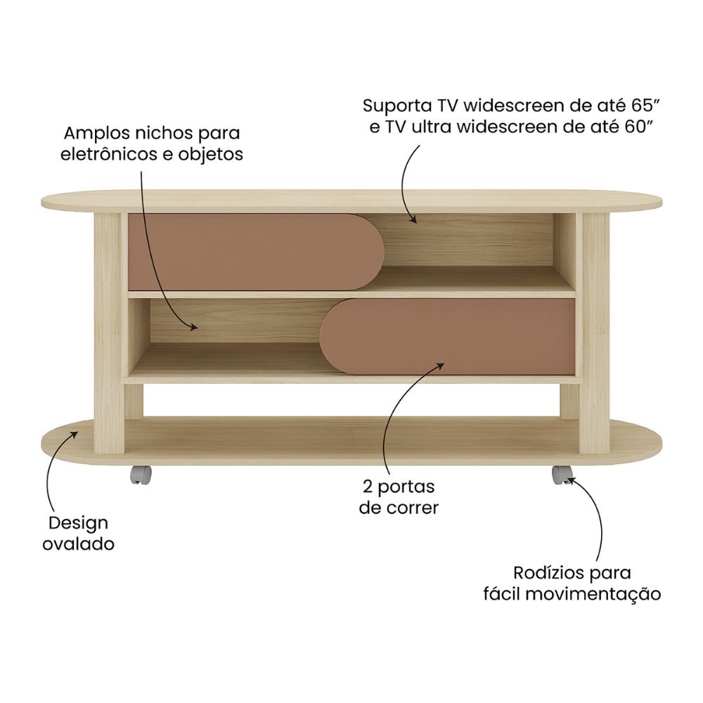 Rack para TV até 65 Polegadas 150cm com Rodízios 2 Portas Multimóveis CR45326 Naturale/Terracota