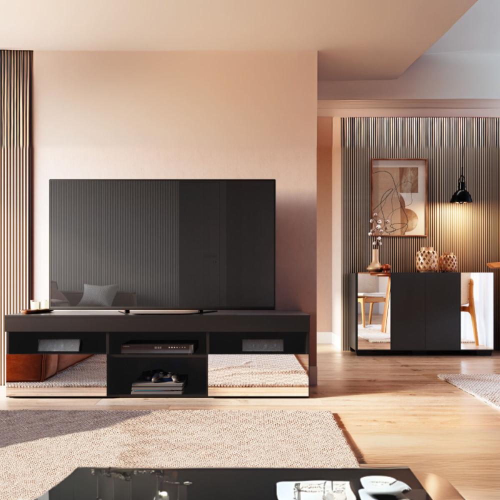 Rack para TV até 65 Polegadas 2 Portas com Aparador 4 Portas e Espelhos Multimóveis MP1096 Preto